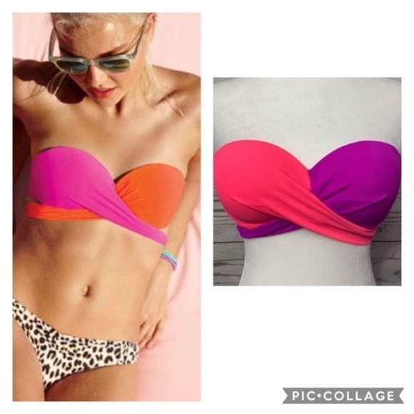 NWOT VS PINK Neon Color Block Strapless Bikini Top - Picture 1 of 7